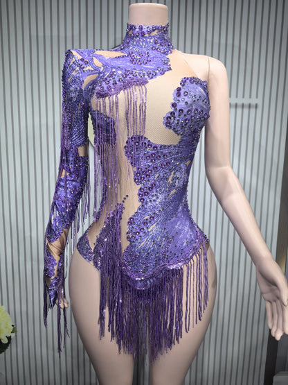 Sexy Skinny Leotard Singer Dancer Show StageWear Sparkly Blue Rhinestones Women DanceCostume Fringes One Shoulder Bodysuit  7G
