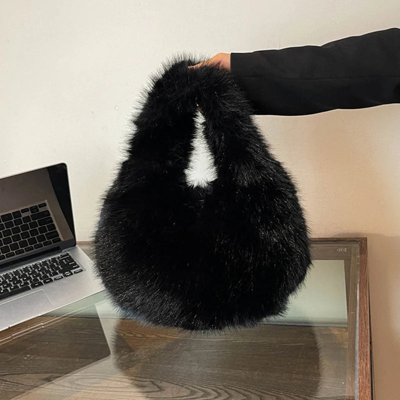 Winter Shoulder Bags Casual Furry for Women Solid Color Soft Plush Ladies Clutch Purse Handbags Lightweight Female Hobos Bag