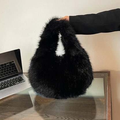 Winter Shoulder Bags Casual Furry for Women Solid Color Soft Plush Ladies Clutch Purse Handbags Lightweight Female Hobos Bag
