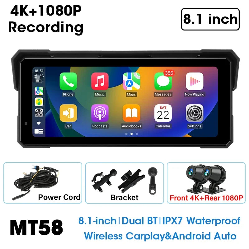 8.1 inch Motorcycle GPS Navigation Wireless Carplay Android Auto IPX7 Waterproof Display Drive Recorder Support 4K+1080P Dual BT