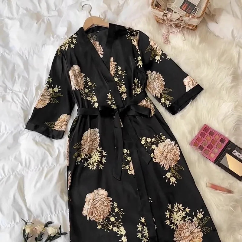 Plus Size Women's Satin Like Nightgown Fashion Long Maxi Sleep Dress100kg Floral Print Loose Fit Robe for Curvy Girls Loungewear