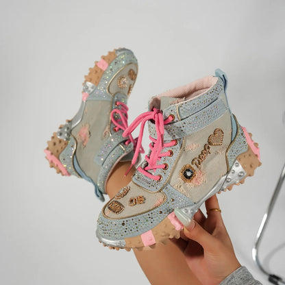Luxury Rhinestone Casual Women's Sneakers High Top Thick Bottom Loafers 2026 Fashion Comfort Lace Up Women Shoes Tênis Feminino