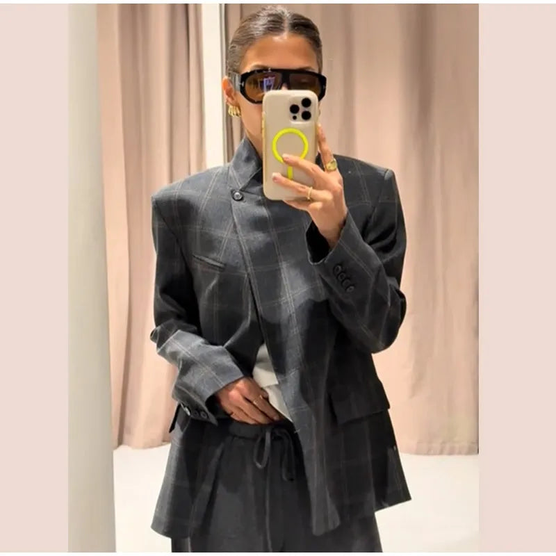 Irregular Plaid Blazer Jacket Women Fashion Stand Collar Full Sleeve Split Loose Short Coat 2026 Lady Daily Commute Outerwear