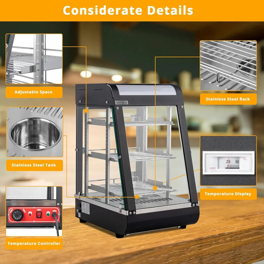 15" Commercial Food Warmer Display Pizza Warmer, 3-Tier Electric Countertop Food Warmer w/LED Lighting Adjustable Removable She