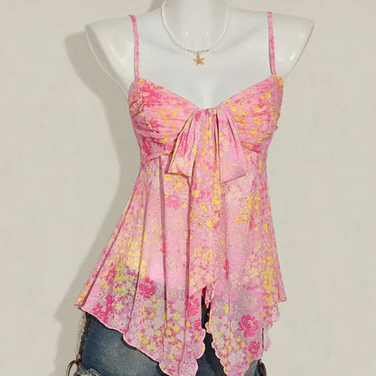 Y2k Summer New Solid Sling Tops Kawaii Lace Bow Inside A Sling Vest 90s Aesthetics Crop Top Women Pink Tank Top Fashion Punk Top