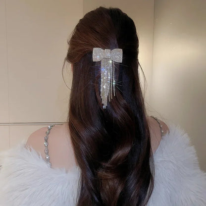 Rhinestone Bow Fringe Hairpin for Women Fashion Temperament Hair Clip Korean Light Luxury Hair Accessories Gold Silver Color