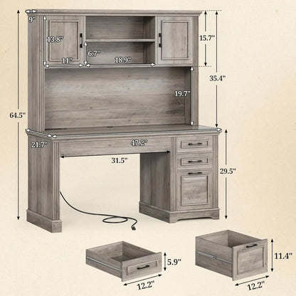Office Desk with 3 Drawers, 47.2' Executive Computer Desk with Storage Drawers and Hutch Cabinet, Wood Farmhouse Desk with