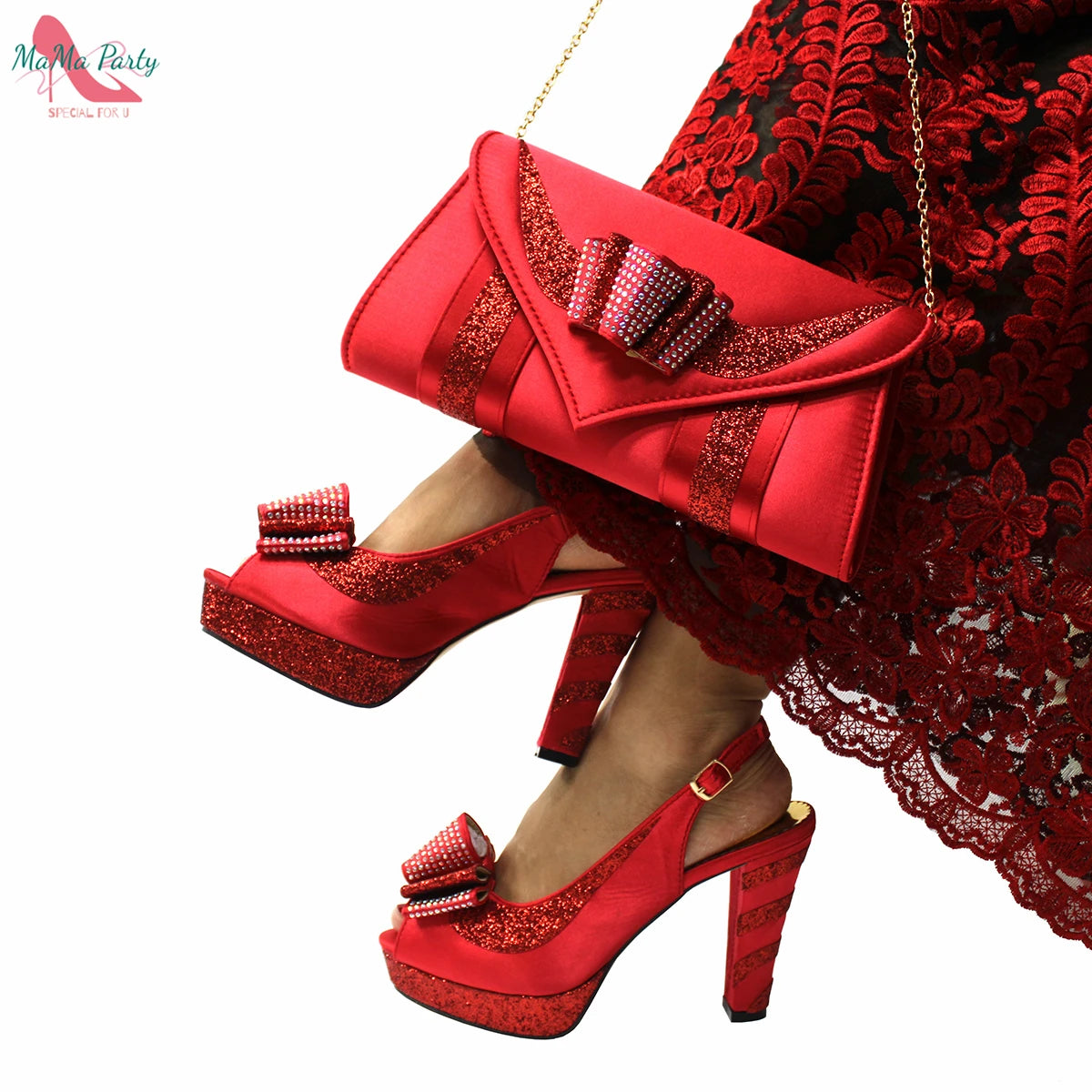 2025 Red Elegant Style Italian Women Shoes Matching Hand Bag Set  Slingbacks Sandals with Platform for Party