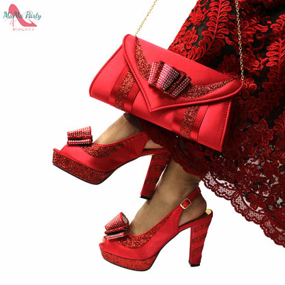 2025 Red Elegant Style Italian Women Shoes Matching Hand Bag Set  Slingbacks Sandals with Platform for Party