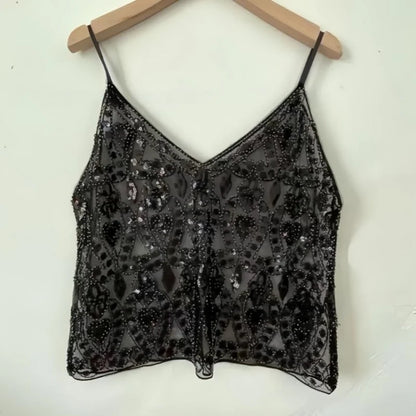 Women's Hot Sweet Sequin Bead Crop Tops Sexy Sling Slim Fit Short V-neck Straight Tank Top Korean Fashion Y2k Clothing