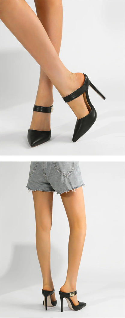 Liyke Fashion Design Metal Decoration Strap Women Pumps Slippers Cozy Leather Pointed Toe Black High Heels Shoes Stiletto Sandal