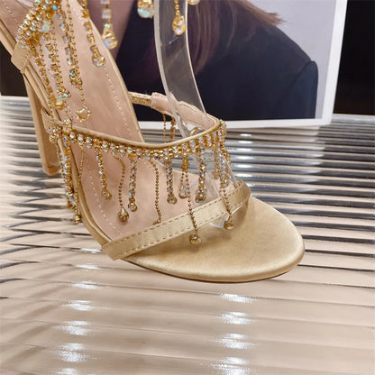 Liyke Elegant Women Wedding Banquet Shoes Fashion Crystal Tassel Twining Stiletto Sandals Sexy Open Toe Stripper Heels Golden