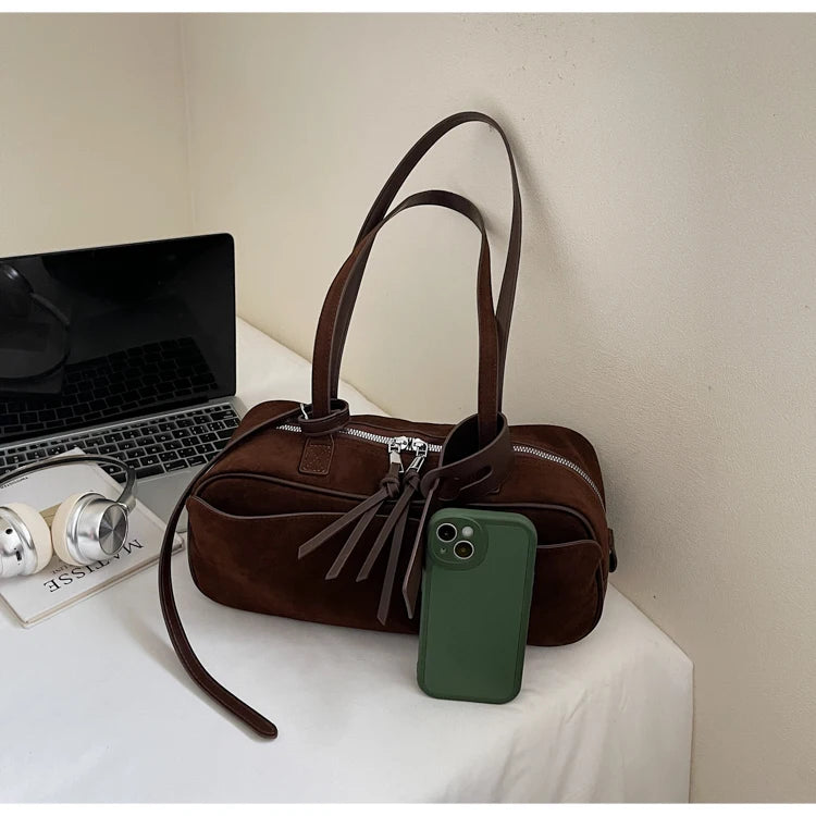 Retro Red Suede Wedding Shoulder Bag Luxury Designer Women Versatile Underarm Bags Elegant Female Large Capacity Handbags