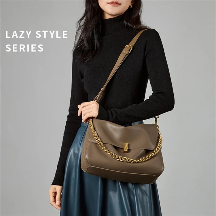 Toptrends Genuine Leather Large Chain Shoulder For Women 2026 Luxury Designer Office Messenger Bags Satchel Cow Ladies Handbags
