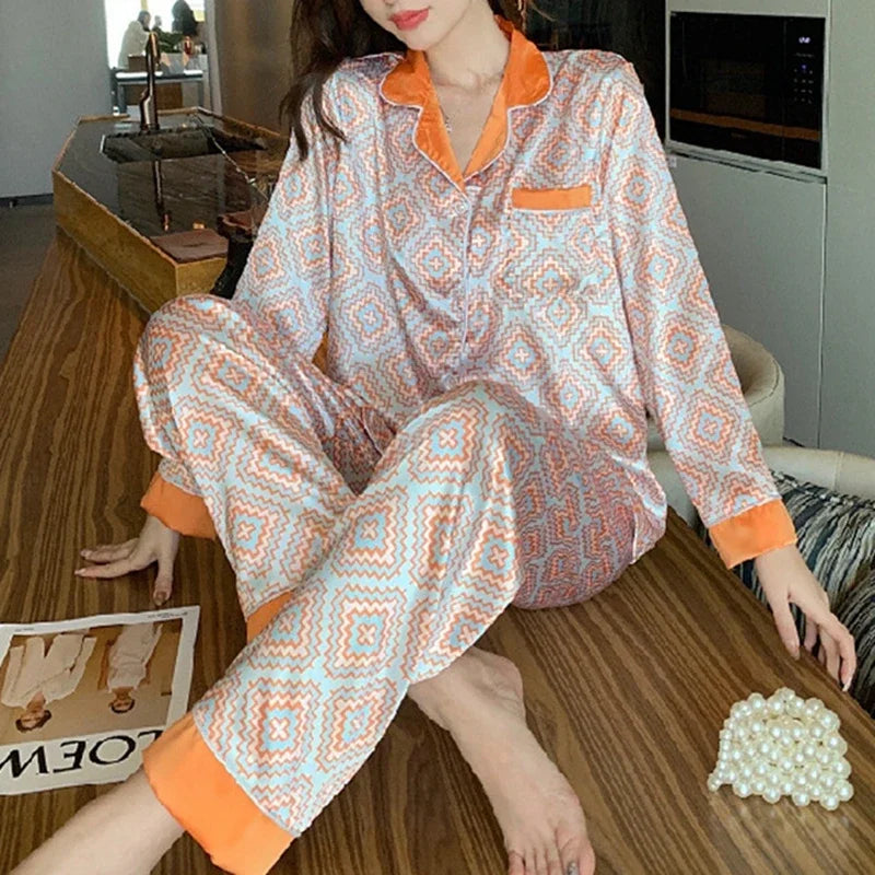Spring Autumn Faux Silk Women Pajama Sets Fashion Sexy Homewear Luxury Pajamas Thin Female Sleepwear Long Sleeve Elegant Pijamas