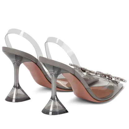 35-45 Fashion Transparent Soft PVC Women Pumps Luxury Rhinestones Bowknot Slingback High heels Spring Summer Wedding Party Shoes