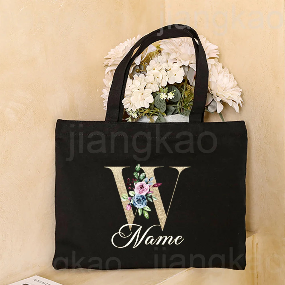 Personalized Initial with Name Tote Bag Women Canvas Shoulder Bags Monogram Shopping Bag Handbags Birthday Wedding Gifts for Her