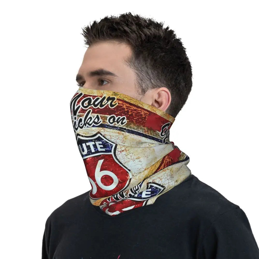 Custom Travel Motorcycle Ride Route 66 Bandana Winter Neck Warmer Windproof Wrap Face Scarf for Hiking Highways Gaiter Headband