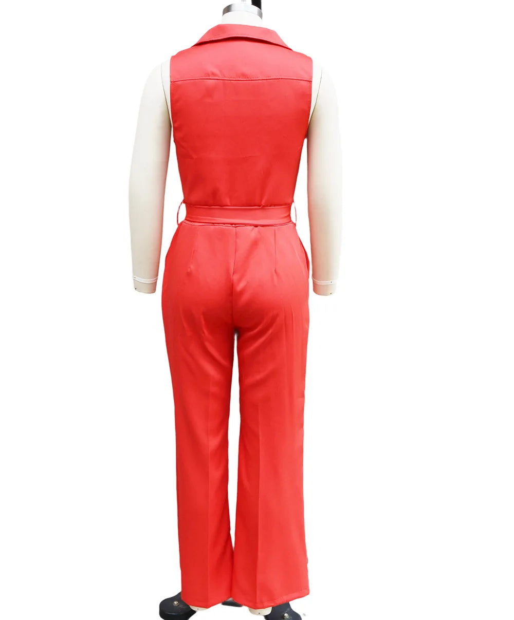 Sleeveless Lapel Jumpsuit Women's Fashion Button Down Shirt Collar Solid Color Wide Leg Commuting Office With Pocket Jumpsuit