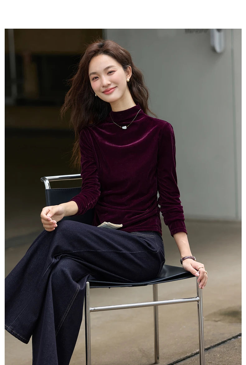 VIMLY Women's Red Velvet T-shirt Casual Knitted Slim Fit Tops Winter 2026 Vintage Mock Neck Folds Long Sleeve Ladies Tees A3305