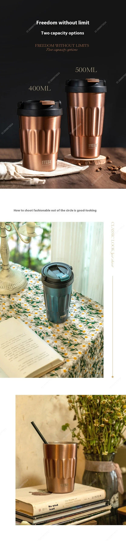 400/500ML Tyeso Vintage Coffee Mug Portable Steel Insulated Travel Cup Convenient Handheld 304 Stainless Thermos for On-the-Go