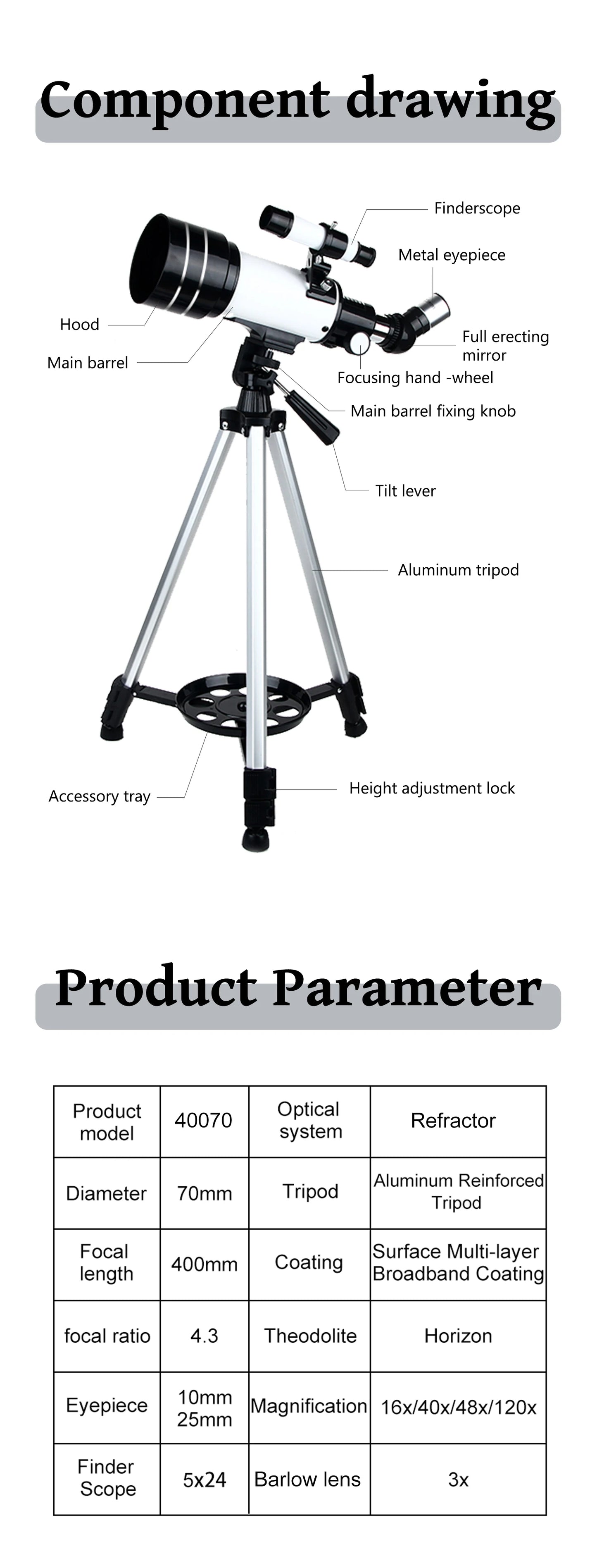 16-120x70mm Astronomical Telescope for Kids & Adults Aperture 400mm refractor Refracting Telescope for Beginners in Astronomy