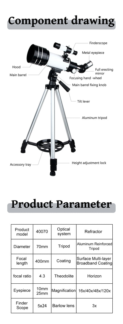 16-120x70mm Astronomical Telescope for Kids & Adults Aperture 400mm refractor Refracting Telescope for Beginners in Astronomy