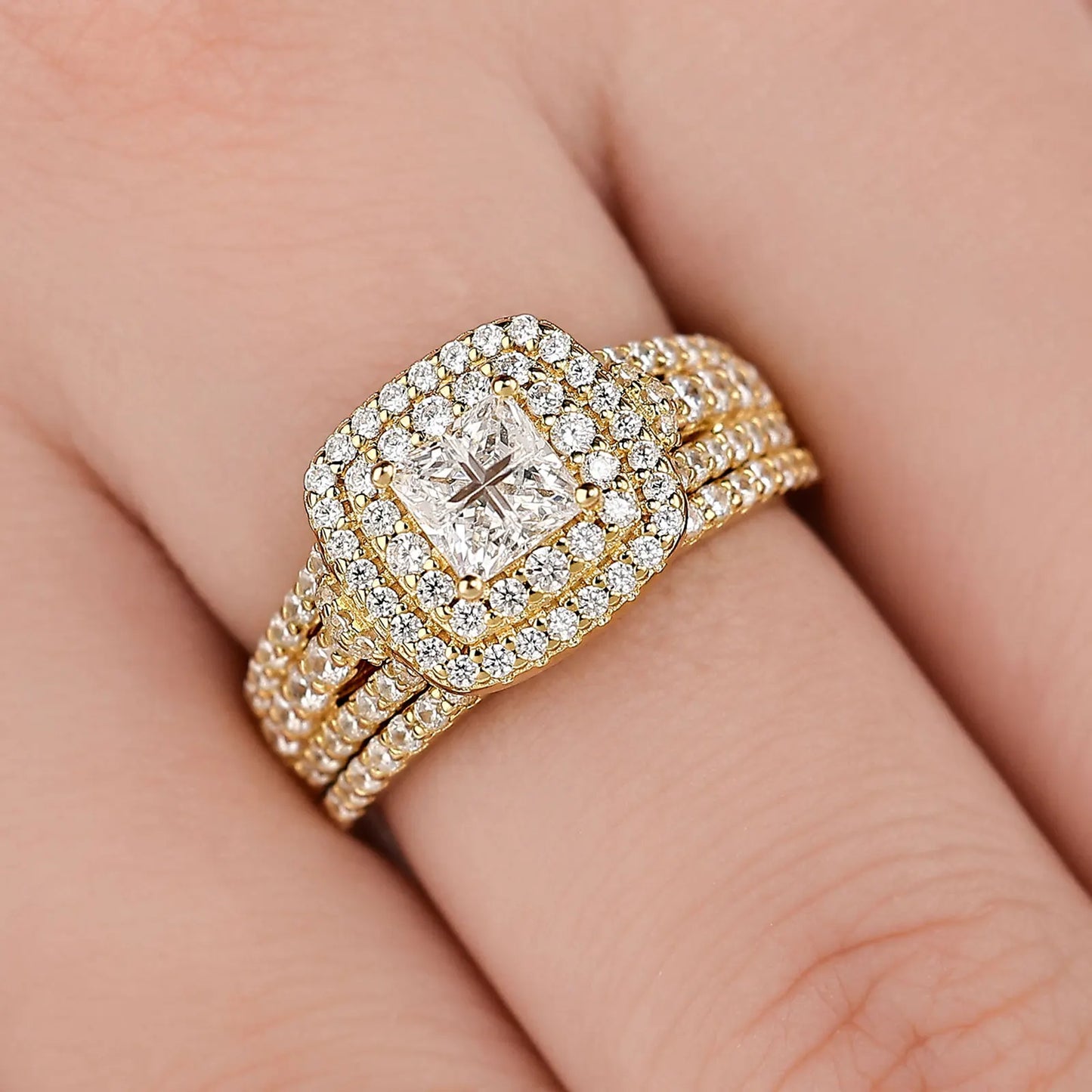 Newshe Luxury 925 Sterling Silver Halo Wedding Ring Set for Women Elegant Yellow Gold Plated Princess Simulated Diamond Rings