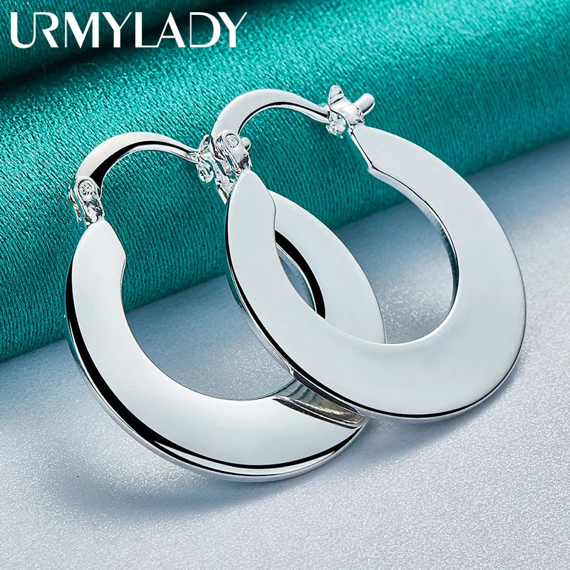 URMYLADY 925 Sterling Silver Smooth Flat Round Earrings For Women Wedding Party Fashion Charm Jewelry