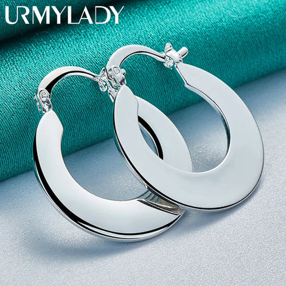 URMYLADY 925 Sterling Silver Smooth Flat Round Earrings For Women Wedding Party Fashion Charm Jewelry