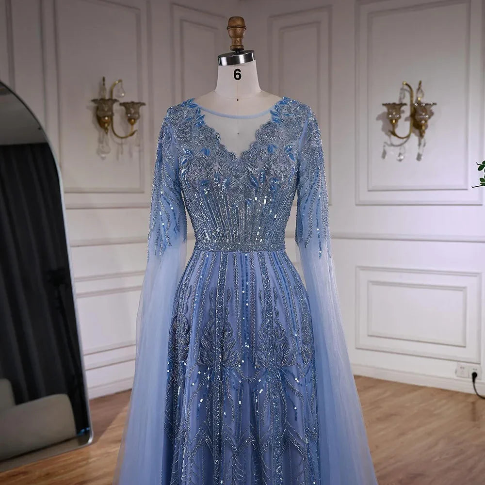 Luxury Elegant Rose Gold Beaded A Line Evening Dress with Cape Sleeves for Formal Party Serene Hill 2026 Customized CLA73056