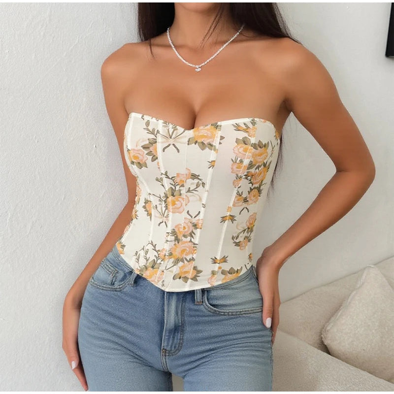 Yellow Flora Printed Corset Top Women Sexy Sleeveless Fishbone Bodycon Spaghetti Strap Lace Up Tops 2026 Lady Summer Party Vest