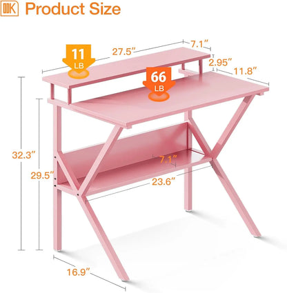 27.5 Inch Small Desk with Storage, Kids Study Table for Small Spaces, Pink Computer Desk with Monitor Stand