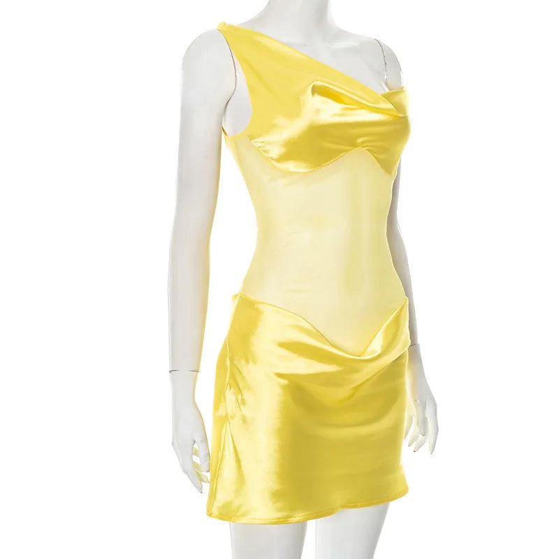 Oniflyme Mesh Patchwork Satin Mini Dress Women Inclined Shoulder Backless Ruched Slim Party Outfits Sleeveless Bodycon Dresses