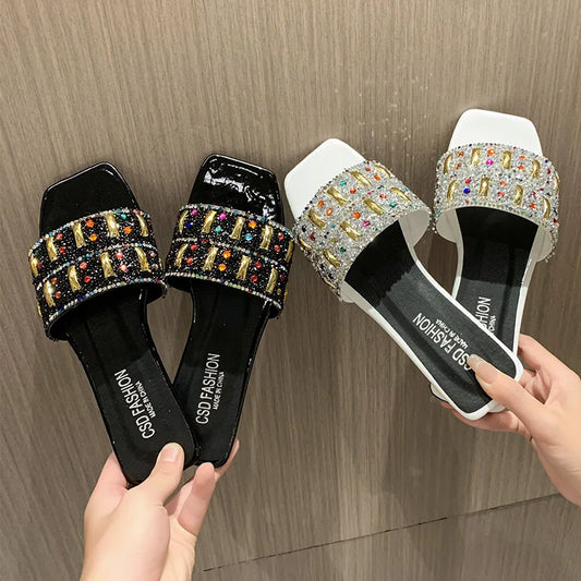 Slippers for Women Shiny Rhinestone Sandals Women Outdoor Beach Casual Shoes Sexy Fashion Big Size Flat Shoes Sandalias De Mujer