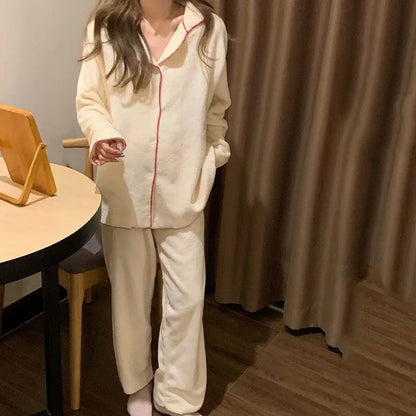 Flannel Women's Pajamas Sets Casual Autumn Winter Sleepwear Velvet Pyjama Ladies Cardigan Simple Bedroom Soft Warm Home Clothes