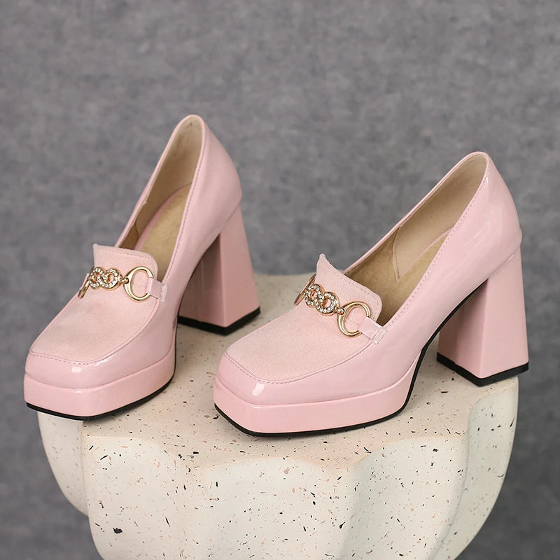 Extra Big Size 49 50 Bright Yellow Metal Crystal Chain Woman's Pumps Spring Fall Shoes Slip-on Loafers Platform Block High Heels