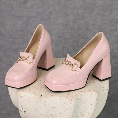 Extra Big Size 49 50 Bright Yellow Metal Crystal Chain Woman's Pumps Spring Fall Shoes Slip-on Loafers Platform Block High Heels