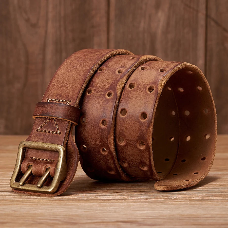 3.8CM Original Handmade Double-needle Buckle Men Belt Washed Water Made Old Macho Jeans Belt Genuine Leather Army Tactical Belt