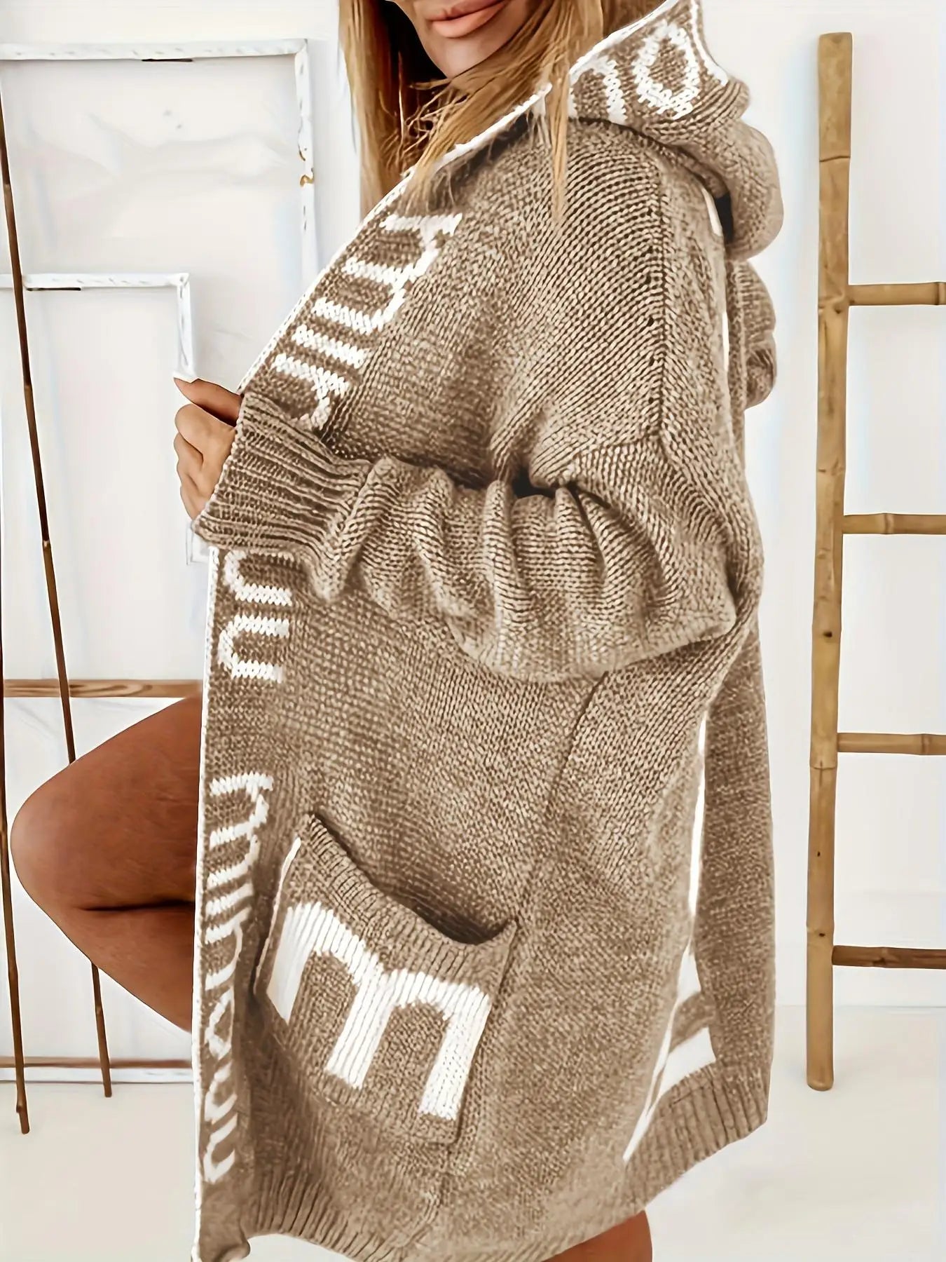Cardigan Women Winter Printed Knitted Sweater Mid-length Pullover Hooded Cardigan Jacket Knitwears Oversized Sweater Knit Coat