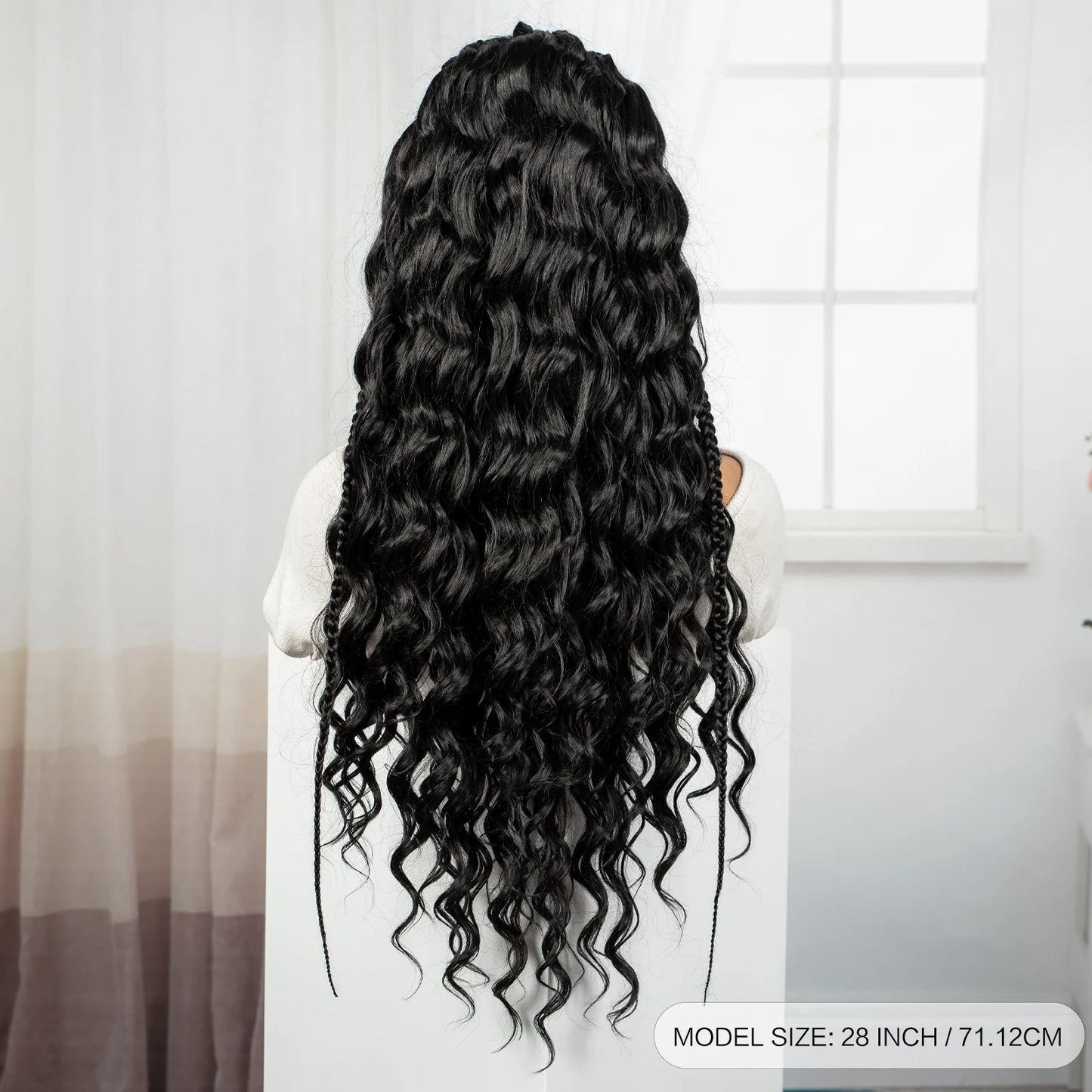28inch 13x6 Transparent Lace Front Natural Deep Wave Hair Wigs with Cornrow Braids Synthetic Curly Brazilian Hair Wig for Women