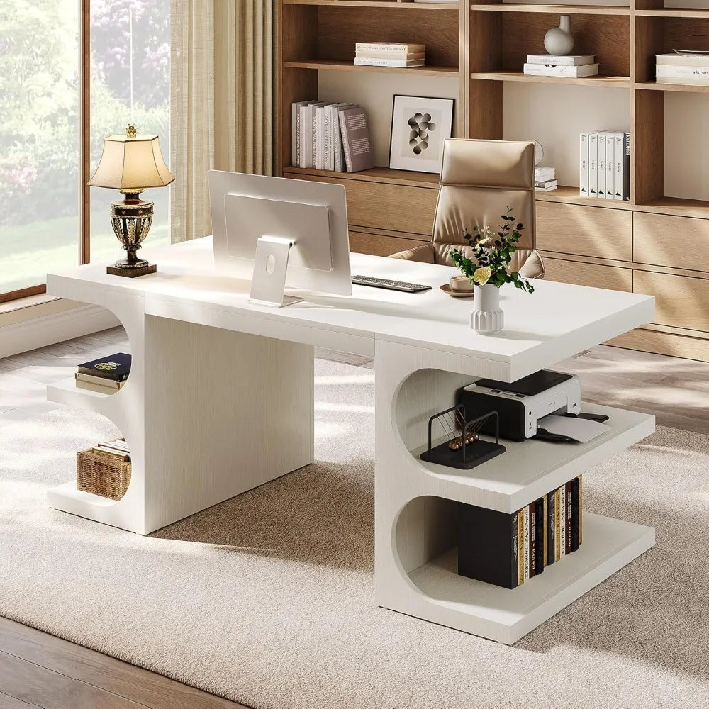 Office Desk, 63" Computer Desk with Storage Shelves, Modern Wood Study Writing Table, Large Workstation Business Furniture