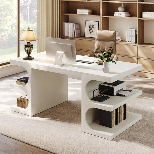 Office Desk, 63" Computer Desk with Storage Shelves, Modern Wood Study Writing Table, Large Workstation Business Furniture