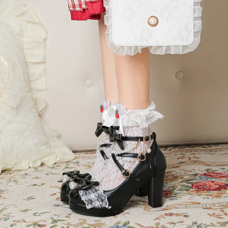 Cross Strap Women High Heels Mary Jane Pumps Party Wedding Cosplay White Pink Black Strawberry Bow Princess Cosplay Lolita Shoes