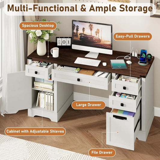 58'' Farmhouse Home Office Desk with Drawers, Wooden Executive Desk with Charging Station, File Drawers and Storage