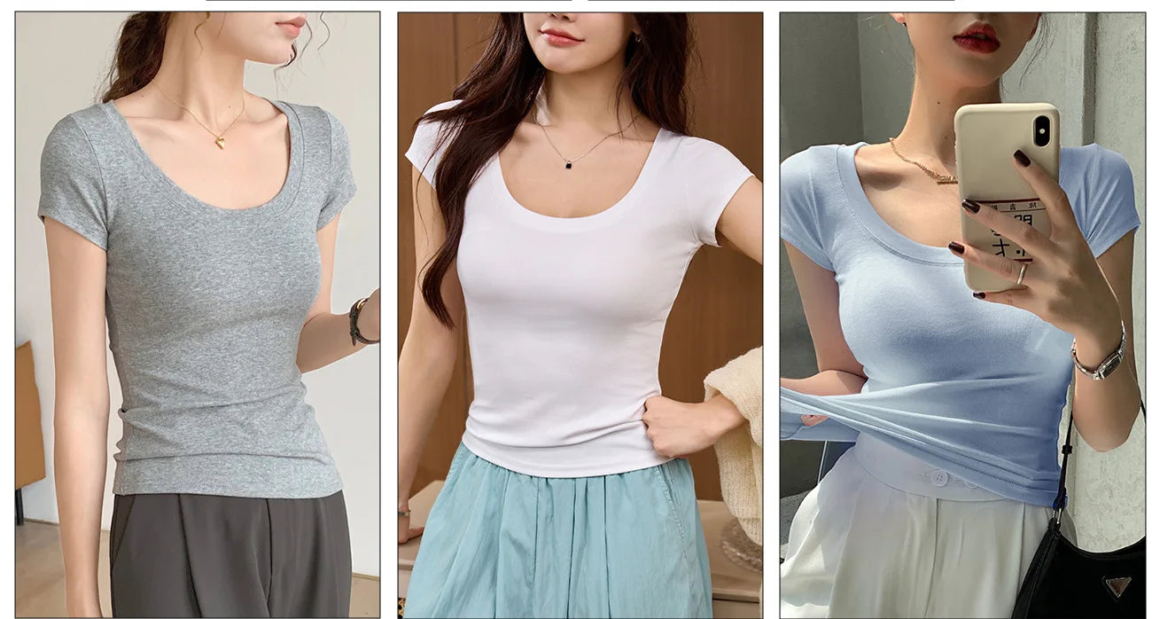 Cotton short sleeved women's T-shirt for summer, slim fit and slimming, versatile waist design, front shoulder, U-neck