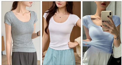 Cotton short sleeved women's T-shirt for summer, slim fit and slimming, versatile waist design, front shoulder, U-neck