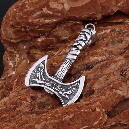 Stainless Steel Vikings Axe Necklace Mixed Gold Color Odin Raven Pendant Men's Personality Rune Amulet Gift for Boyfriend