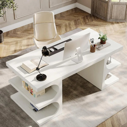 Office Desk, 63" Computer Desk with Storage Shelves, Modern Wood Study Writing Table, Large Workstation Business Furniture