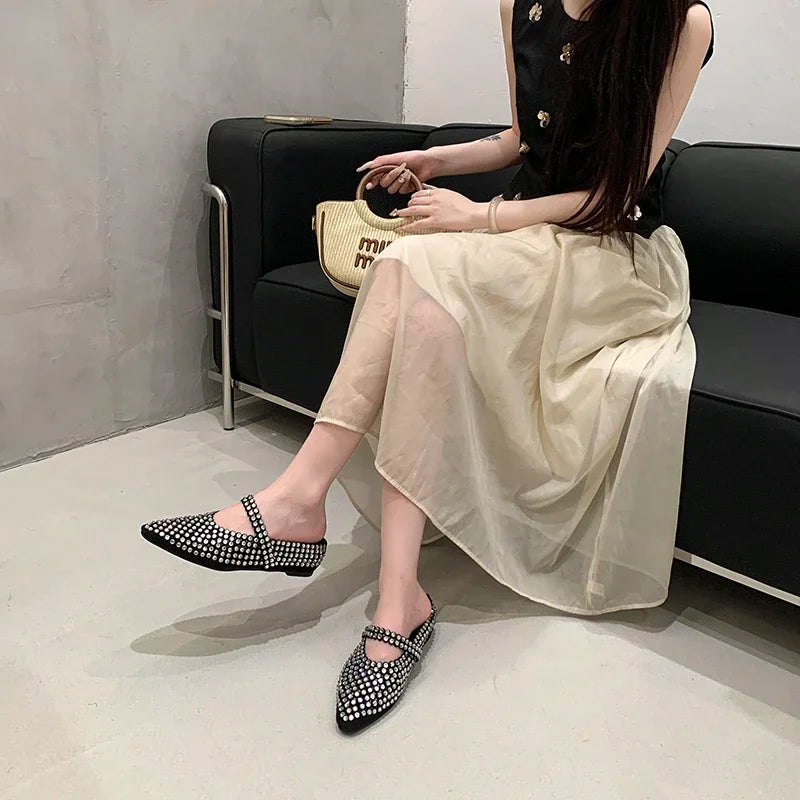 Crystal Women's Pointed Toe Slippers Luxury Flats Sandals Casual Mules Shoes Cozy New Trend Slides Fashion Dress Mujer Zapatos
